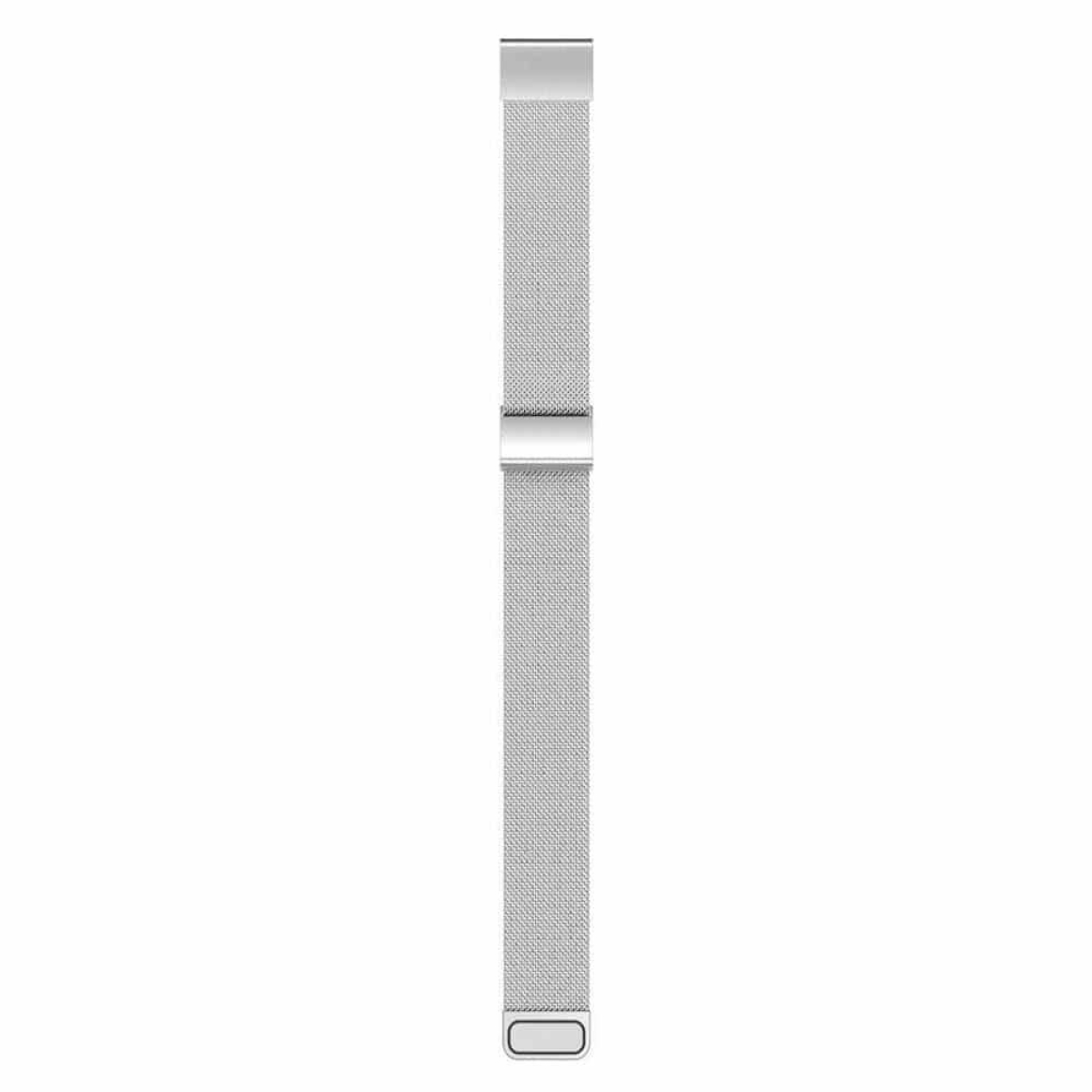 Silbernes Uhrenarmband. Es ist im Mesh-Stil gehalten, mit einem Schiebeschloss.