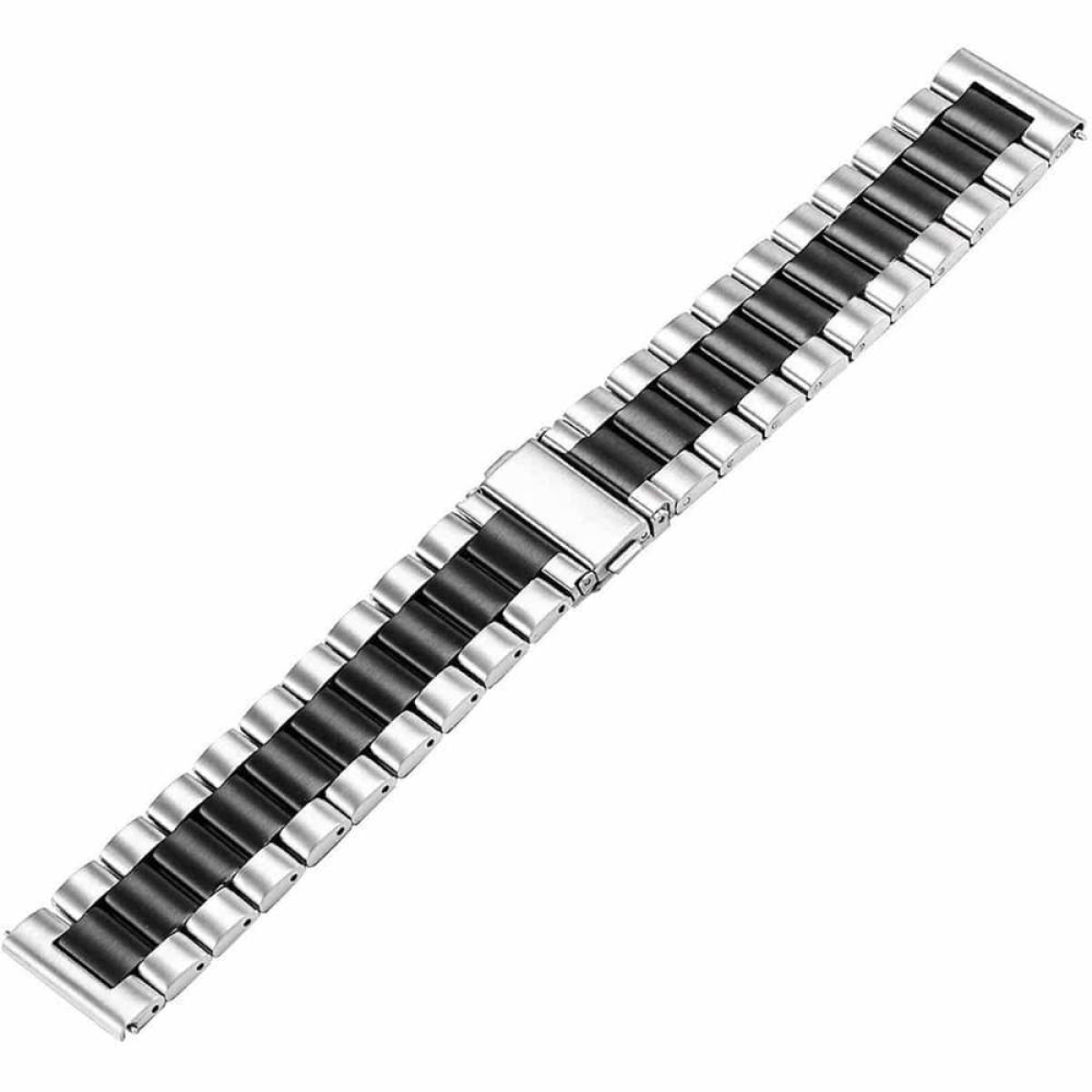 Ein Uhrenarmband aus Edelstahl und schwarzem Gummi mit einer Schnalle.