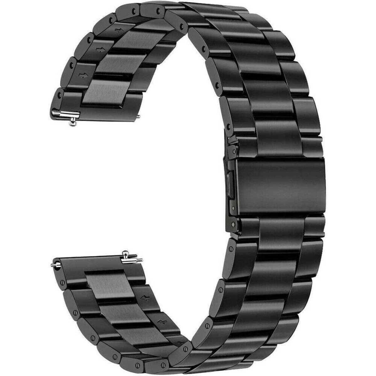 Schwarzes Uhrenarmband aus verbundenen Gliedern. Das Band ist gebogen und zeigt die Innenseite.