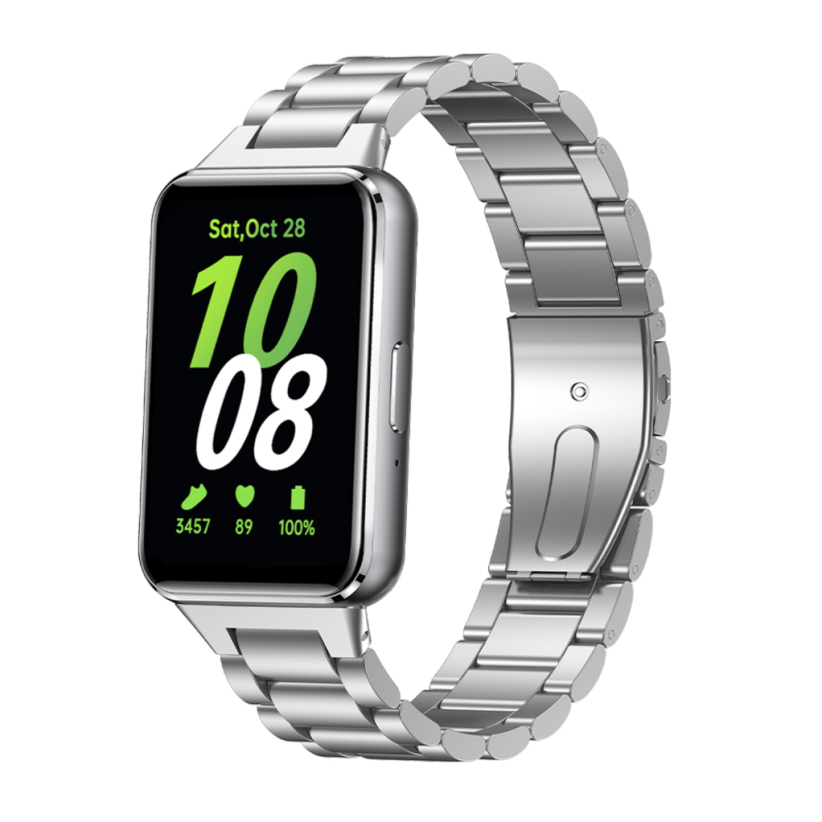Silberne Smartwatch mit schwarzem Bildschirm, Datum und Uhrzeit.