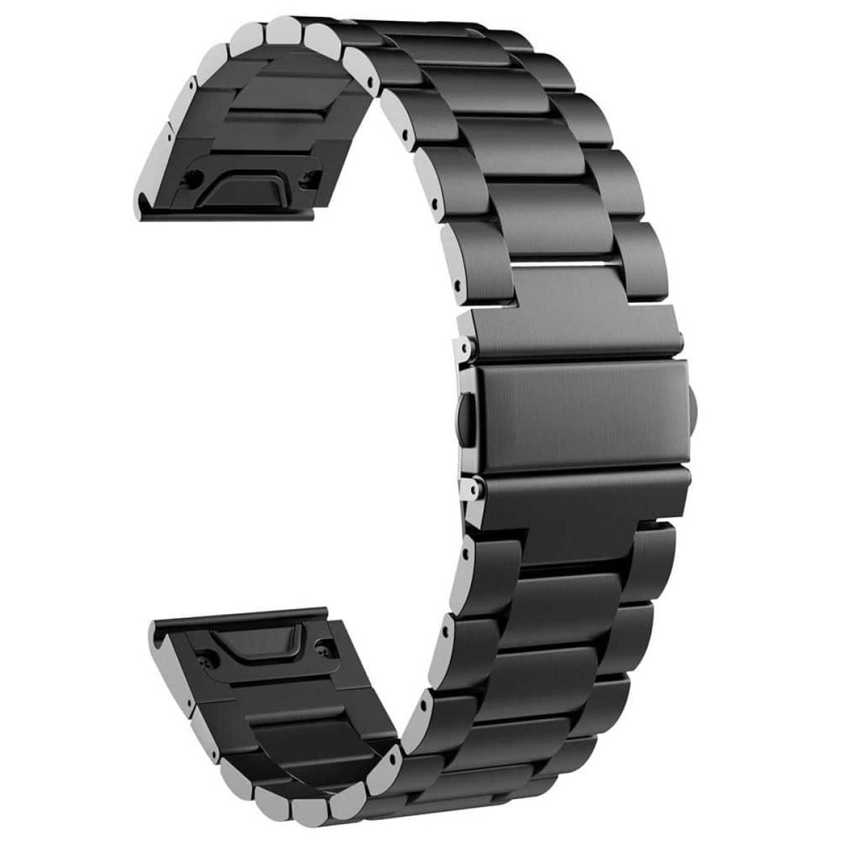 Schwarzes Uhrenarmband mit Metallschnalle.