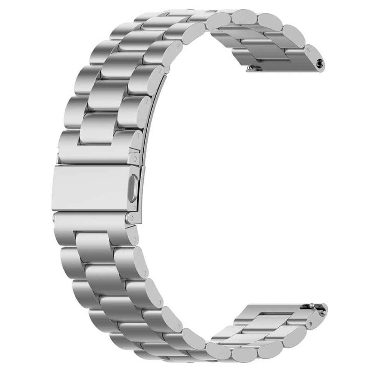 Silbernes Metall-Armband, gebogen und mit einem Verschluss geschlossen. Kettenglieder.
