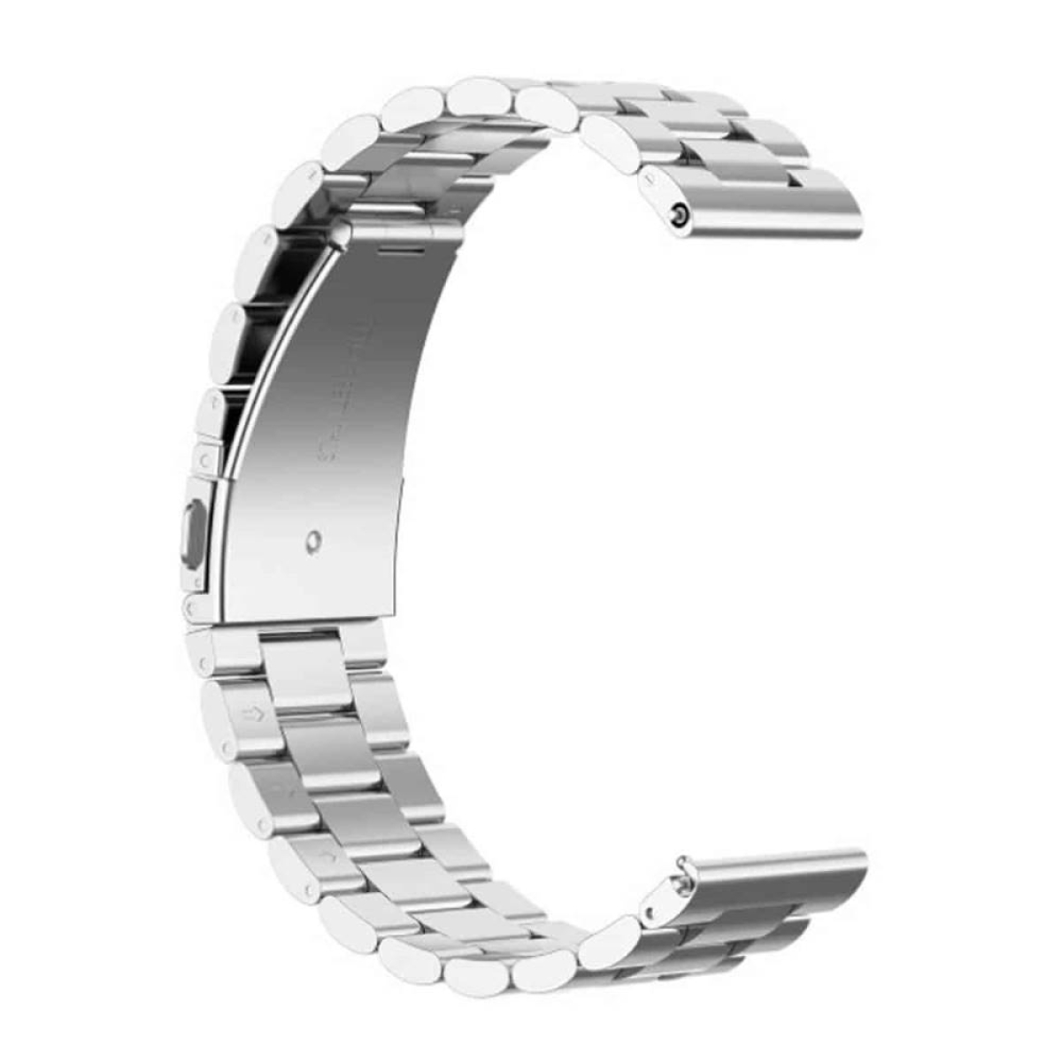 Ein silbernes Uhrenarmband auf weißem Hintergrund.