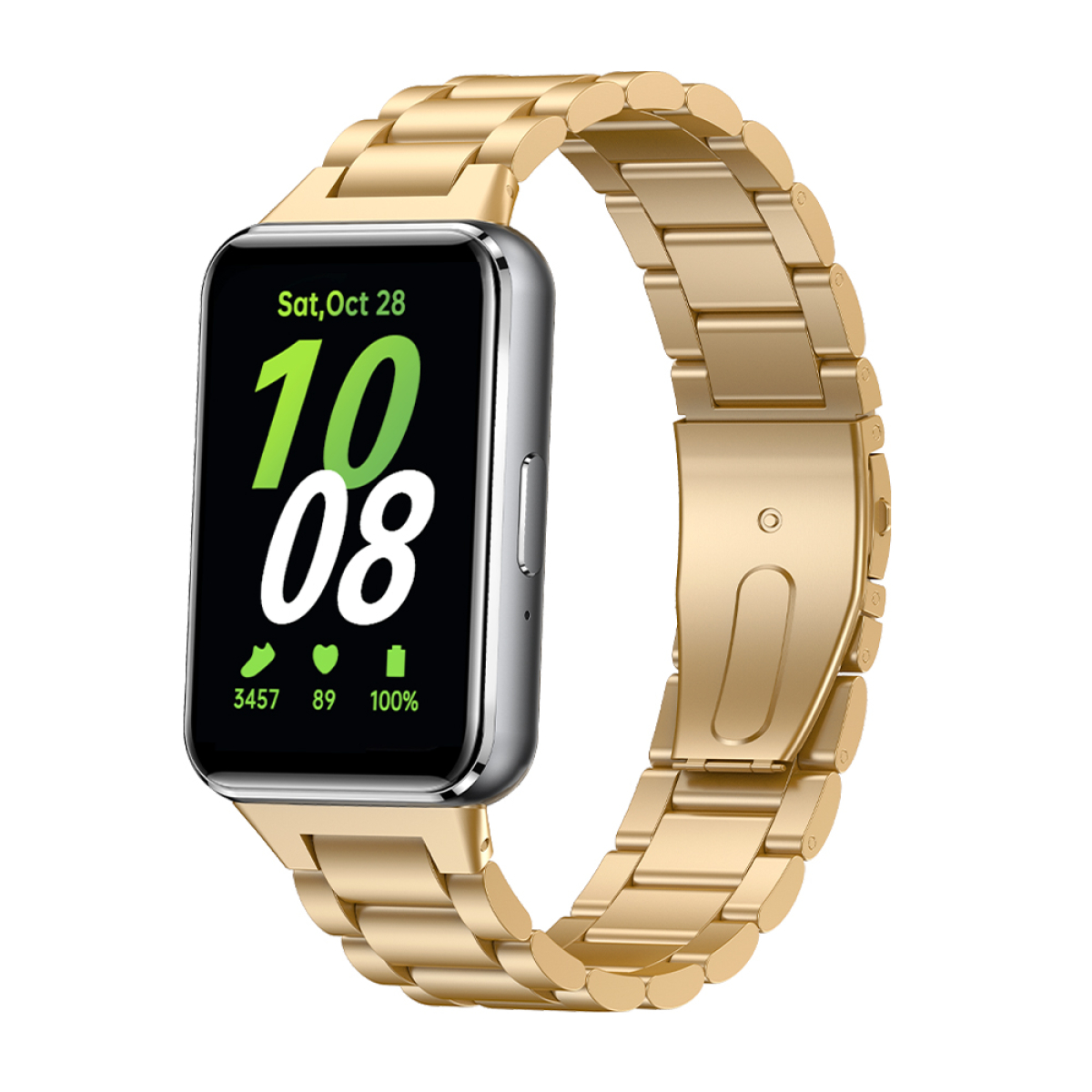 Eine goldene Smartwatch mit Metallarmband. Die Uhr zeigt die Uhrzeit und andere Metriken an.