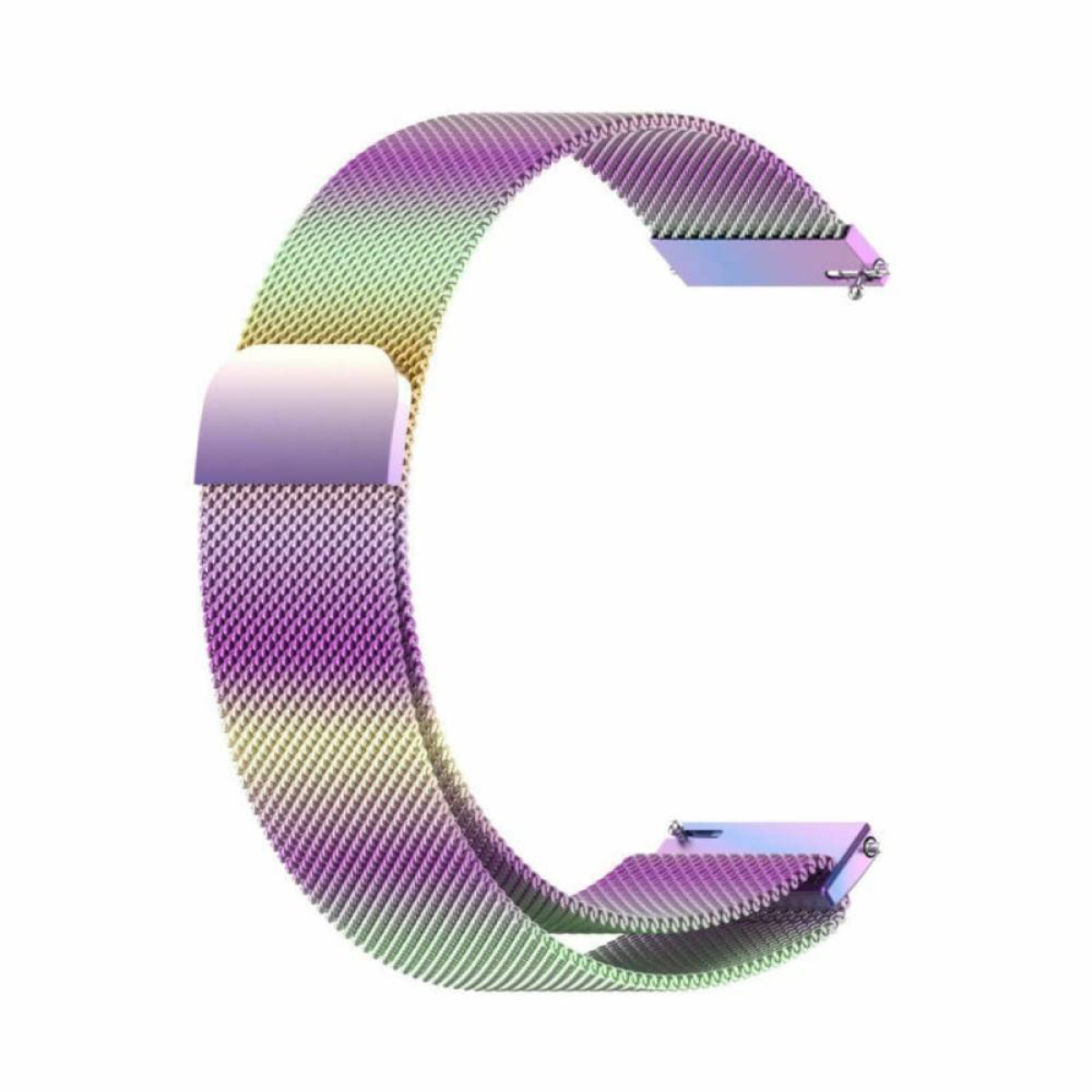 Mehrfarbiges Mesh-Uhrenarmband mit silberner Schließe und Metallstift. Helle Farben vor weißem Hintergrund.