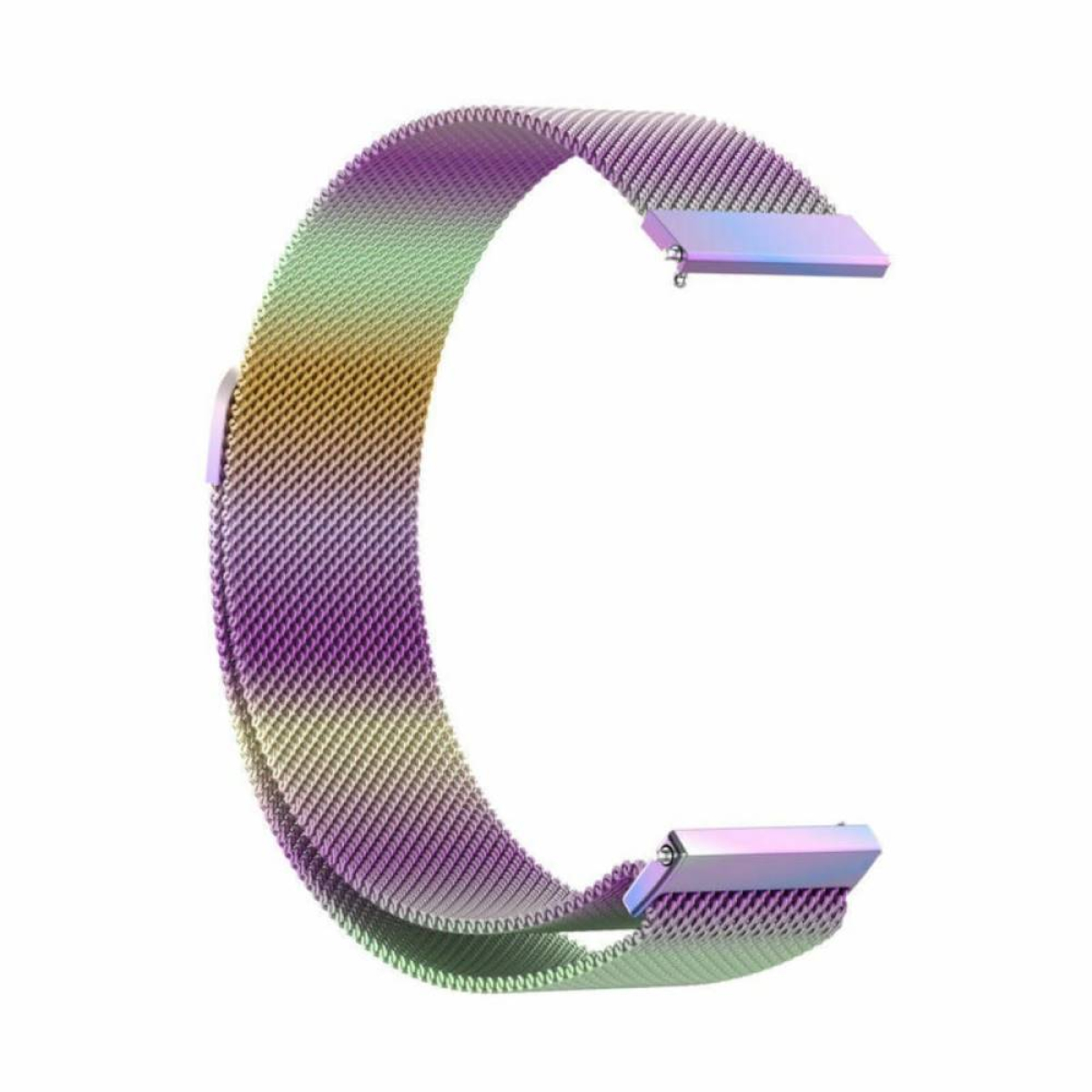 Ein Uhrenarmband aus mehrfarbigem Mesh. Die Farben sind Grün, Gelb und Lila.