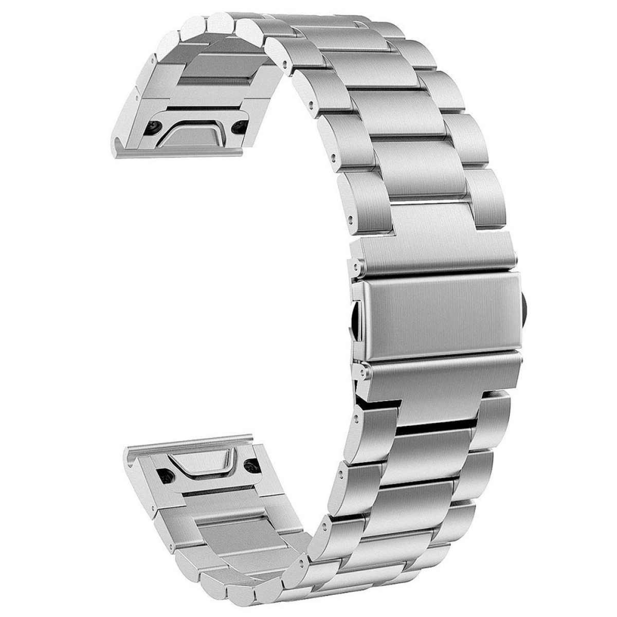Silbernes Metall-Uhrenarmband, zeigt den Verschluss und den Befestigungsmechanismus.