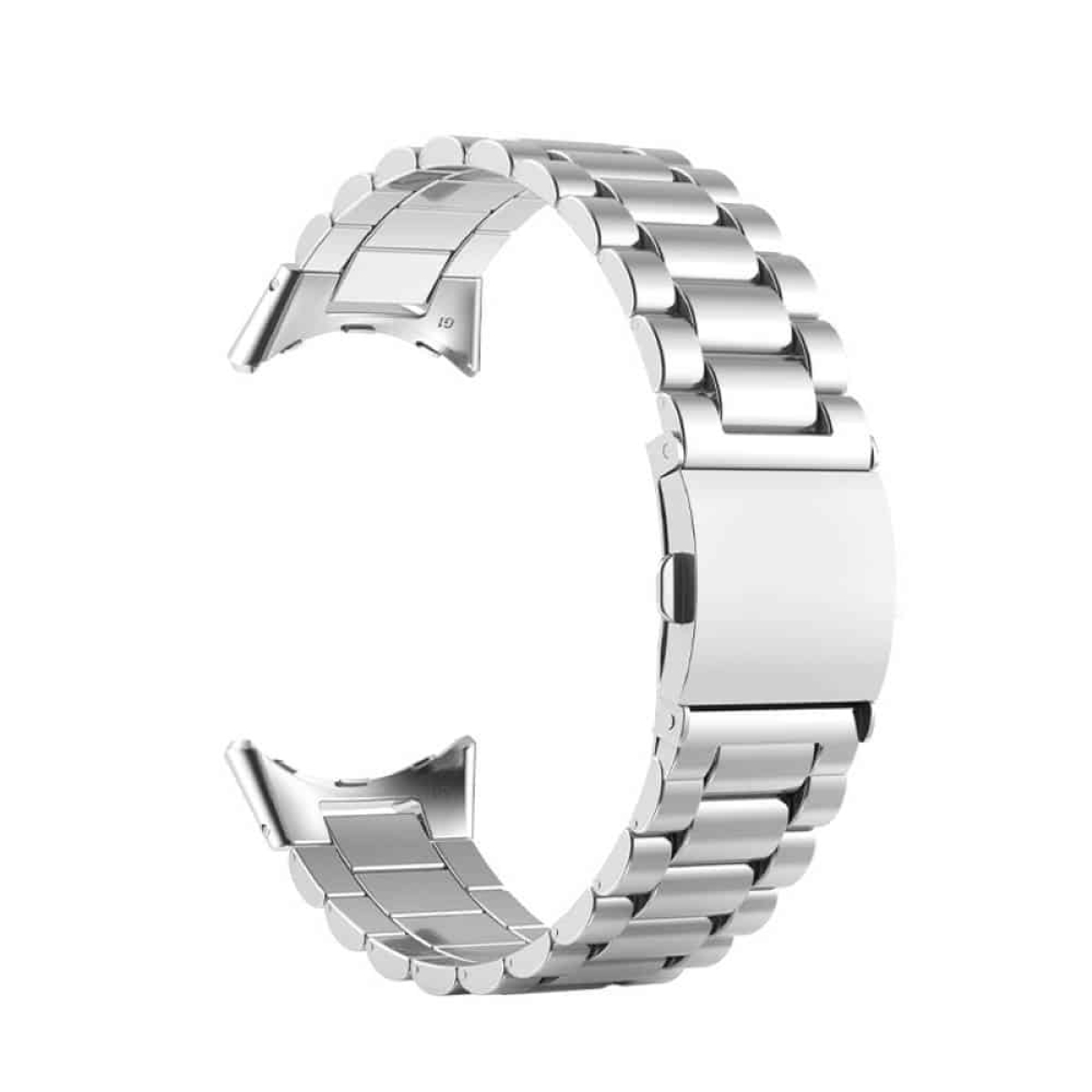 Silbernes Uhrenarmband mit glänzendem metallischem Aussehen.