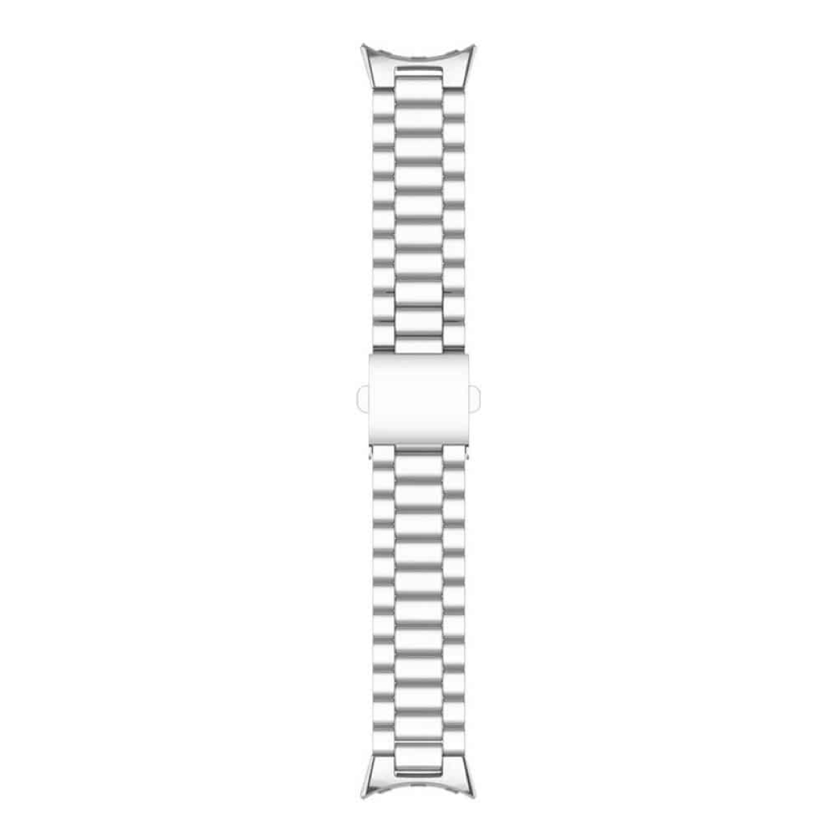 Ein silbernes Uhrenarmband auf weißem Hintergrund, das Armband besteht aus Metall.
