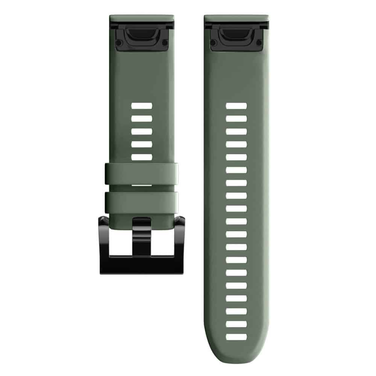 Zwei grüne Uhrenarmbänder mit Schnalle und mehreren Löchern zur Anpassung. Ein Band ist an der Schnalle befestigt.