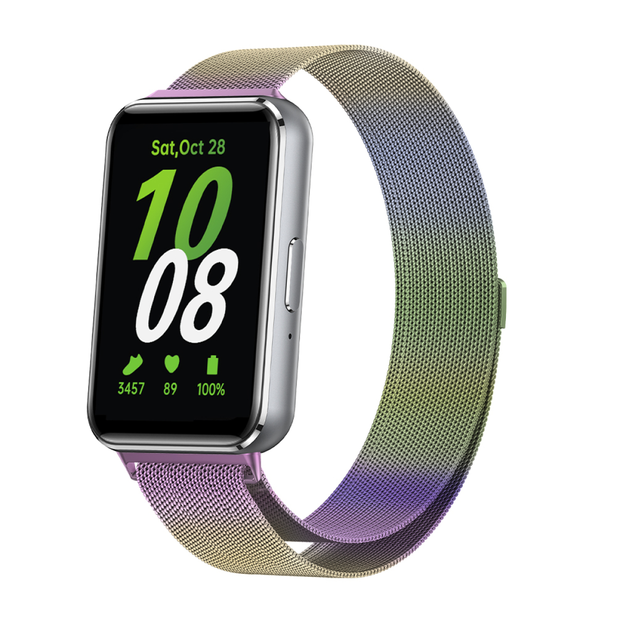 Smartwatch mit lila-gelbem Armband. Der Bildschirm zeigt Zeit, Schritte und Akku.