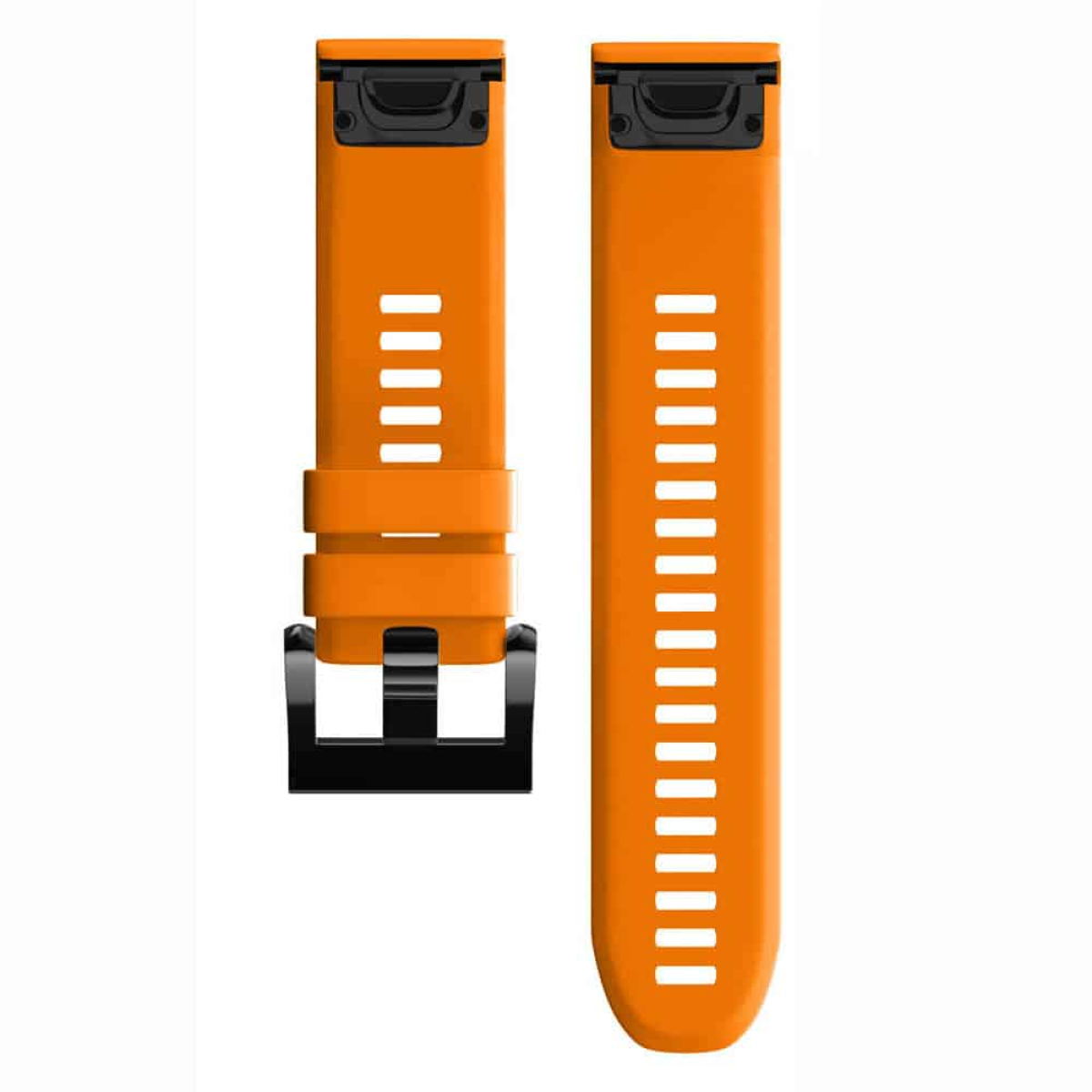 Zwei orangefarbene Armbänder mit schwarzen Schnallen und vertikalen Linien zur Anpassung.