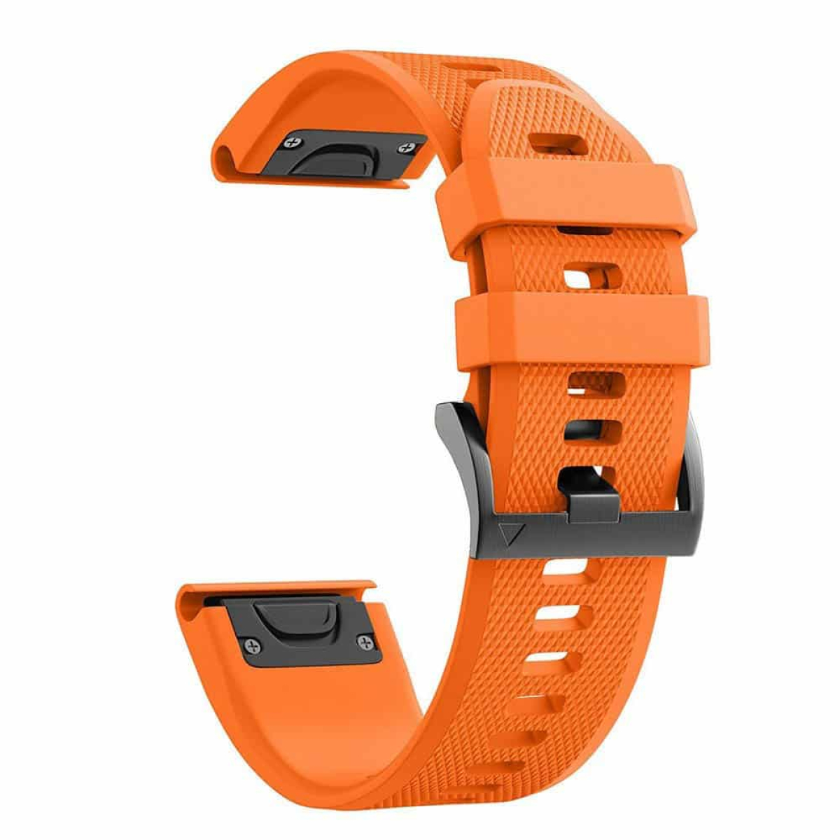 Oranges Uhrenarmband mit schwarzer Schnalle. Das Band hat eine strukturierte Oberfläche und mehrere Löcher.