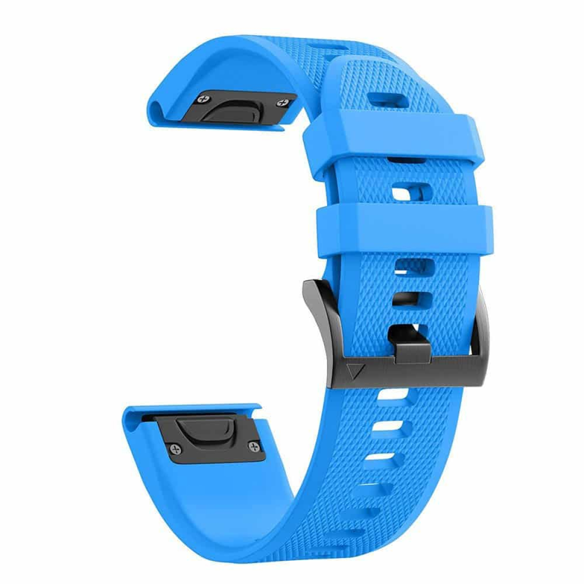 Blaues Uhrenarmband mit schwarzen Verschlüssen. Strukturierte Oberfläche. C-förmiges Design.