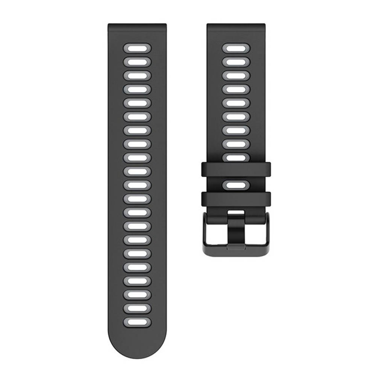 Zwei schwarze Uhrenarmbänder mit Löchern und schwarzer Schnalle.