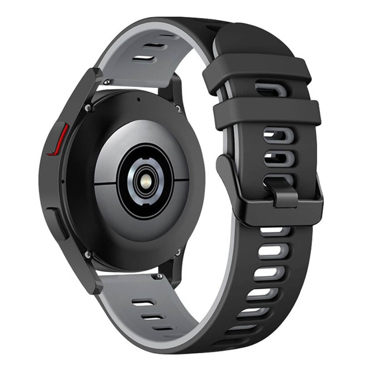 Eine schwarze Smartwatch mit grauem Armband, von hinten betrachtet, zeigt den Sensor.