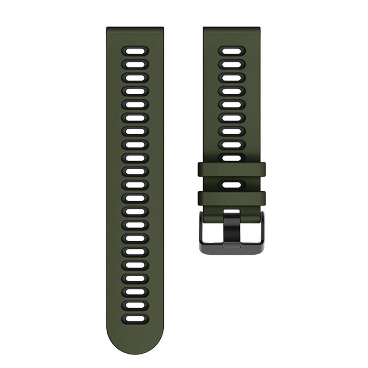 Dunkelgrünes Uhrenarmband mit schwarzer Schnalle und weißem Hintergrund.