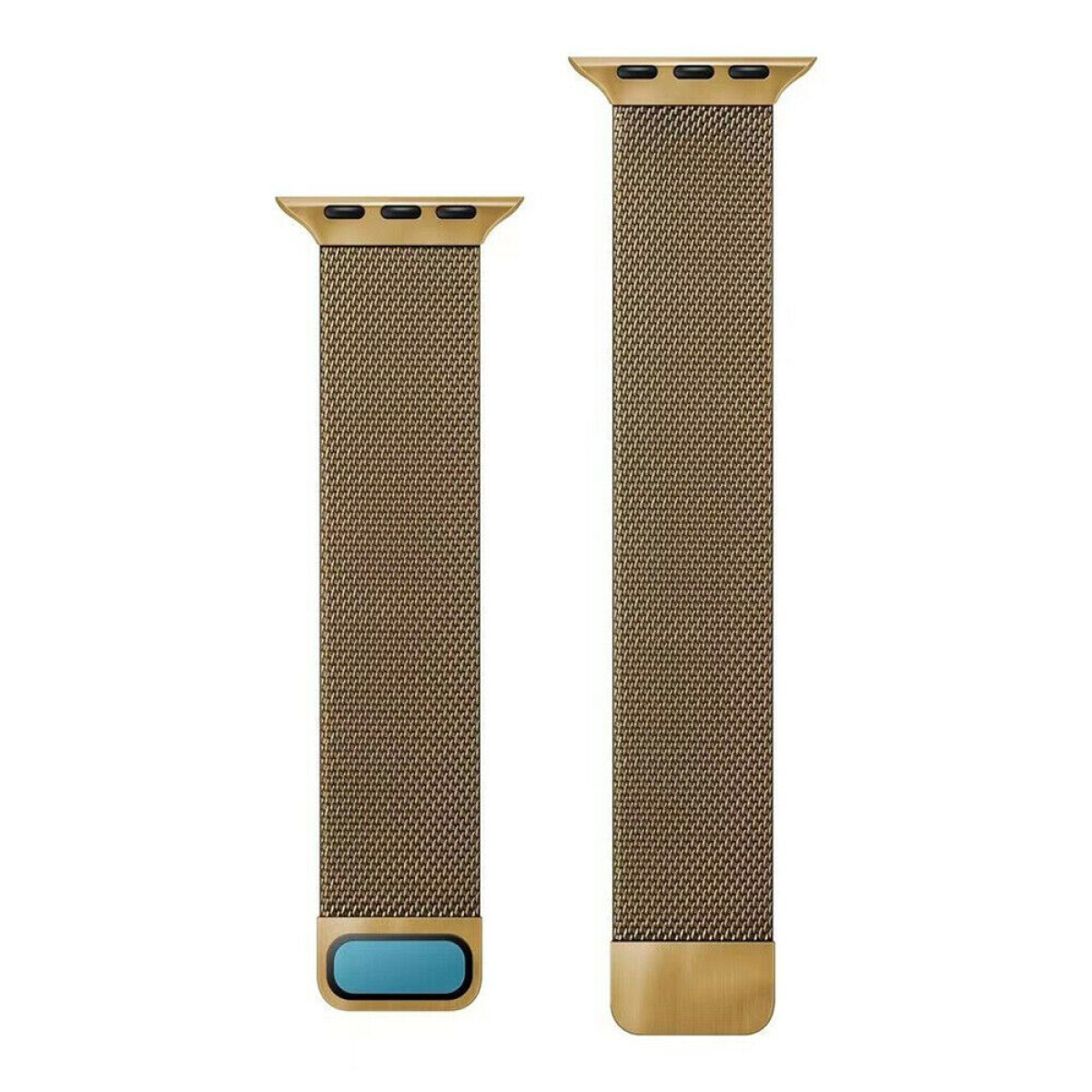 Goldenes Metall-Armband mit Löchern und blauem Akzent am Verschluss.