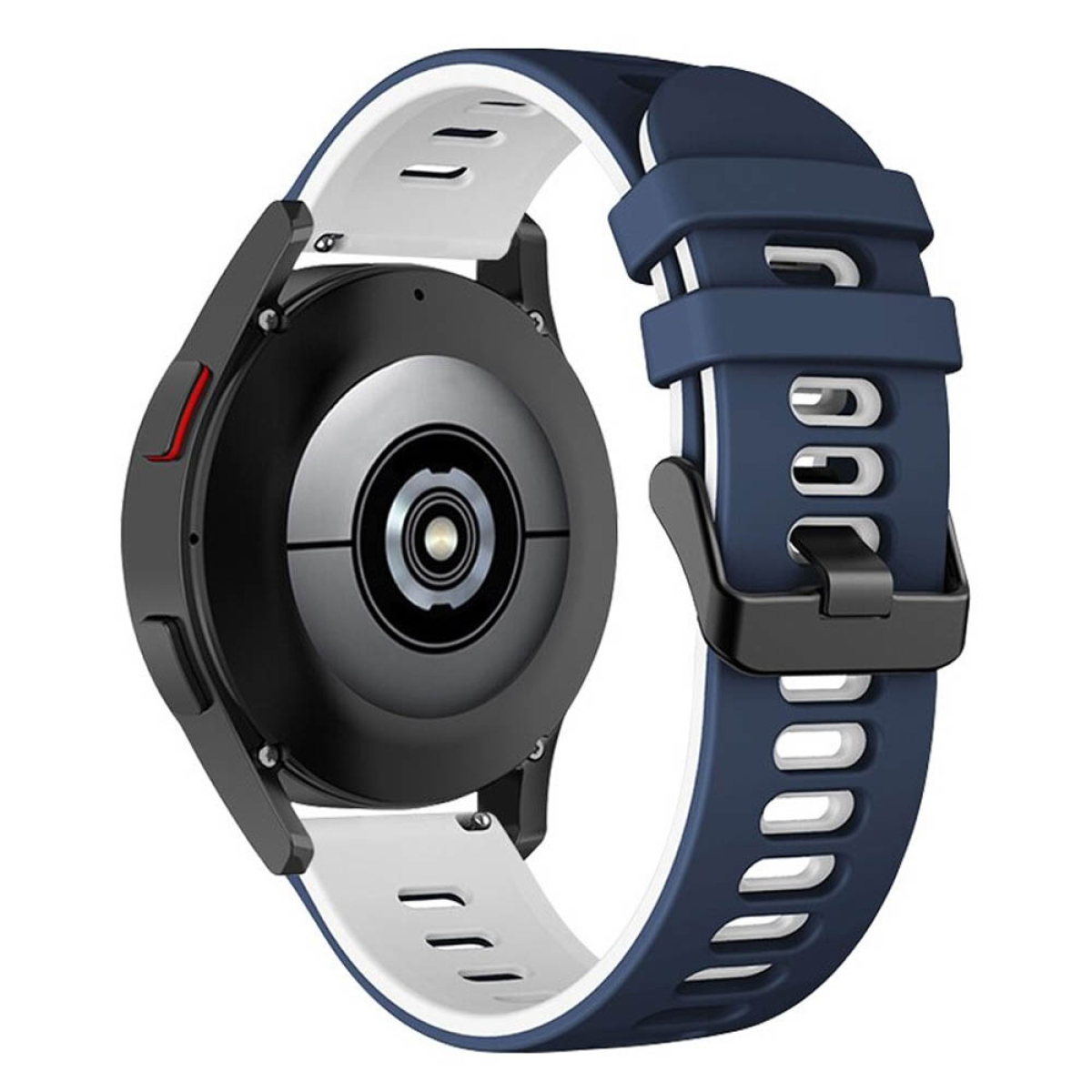 Smartwatch mit blauem Armband und weißen Akzenten. Die Rückseite der Uhr zeigt die Sensoren und den Bandanschluss.