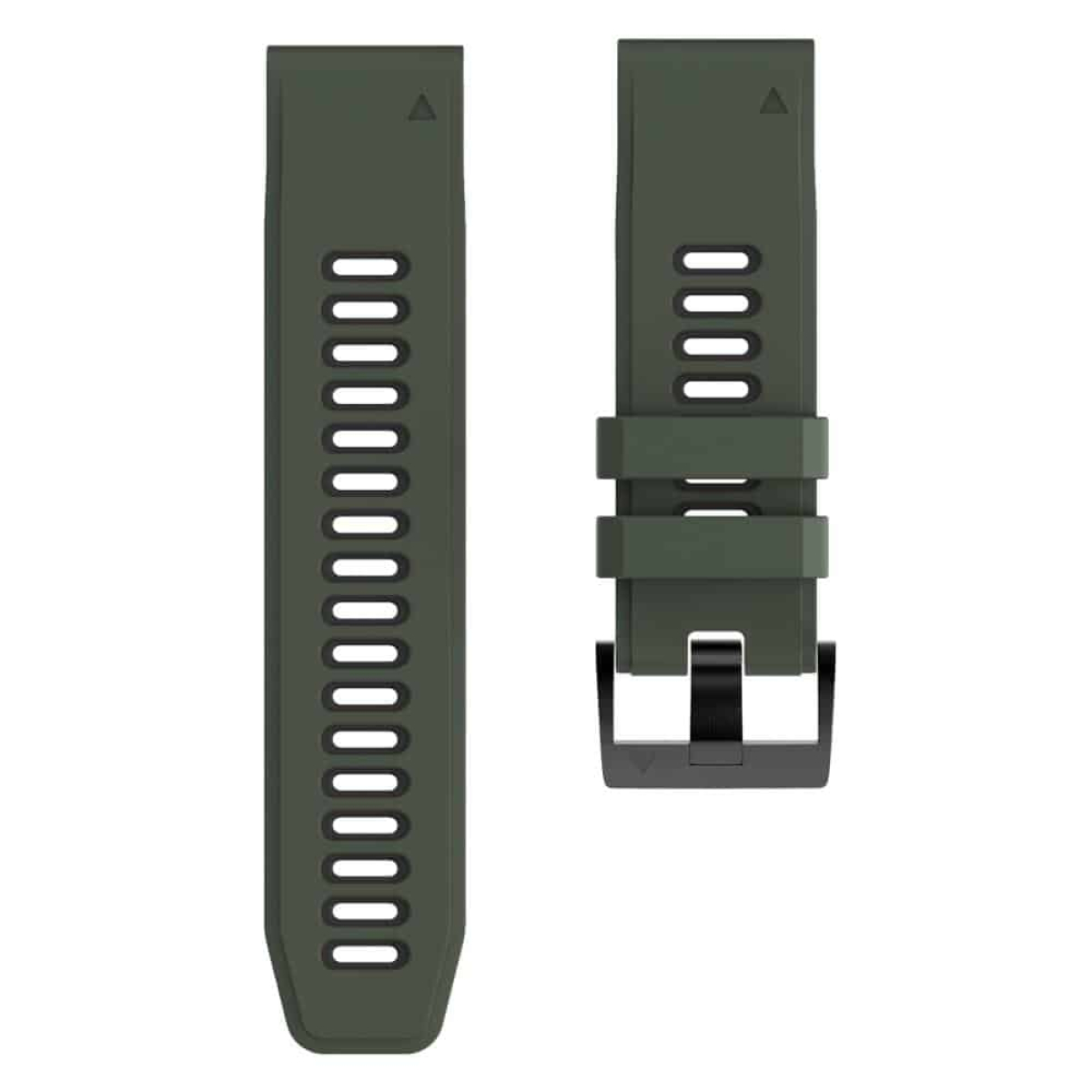 Grünes Uhrenarmband mit vertikalen Linien und schwarzem Verschluss.