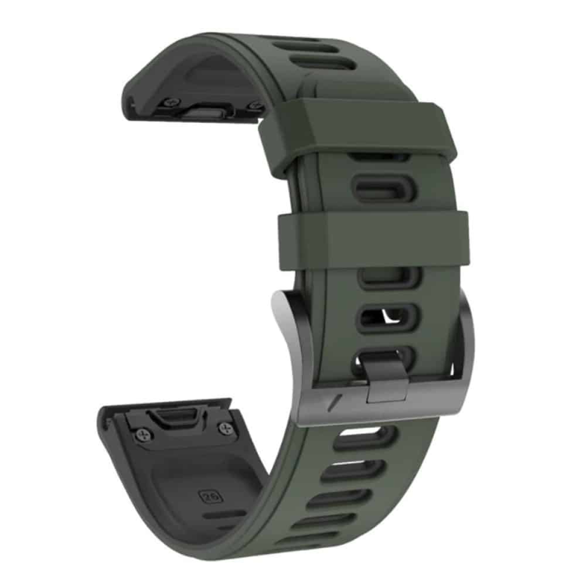 Olivgrünes Uhrenarmband mit schwarzer Schnalle. Das Band hat Löcher.