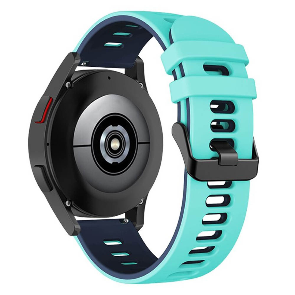 Smartwatch mit blauem und schwarzem Band. Die Uhr liegt auf einer weißen Oberfläche.
