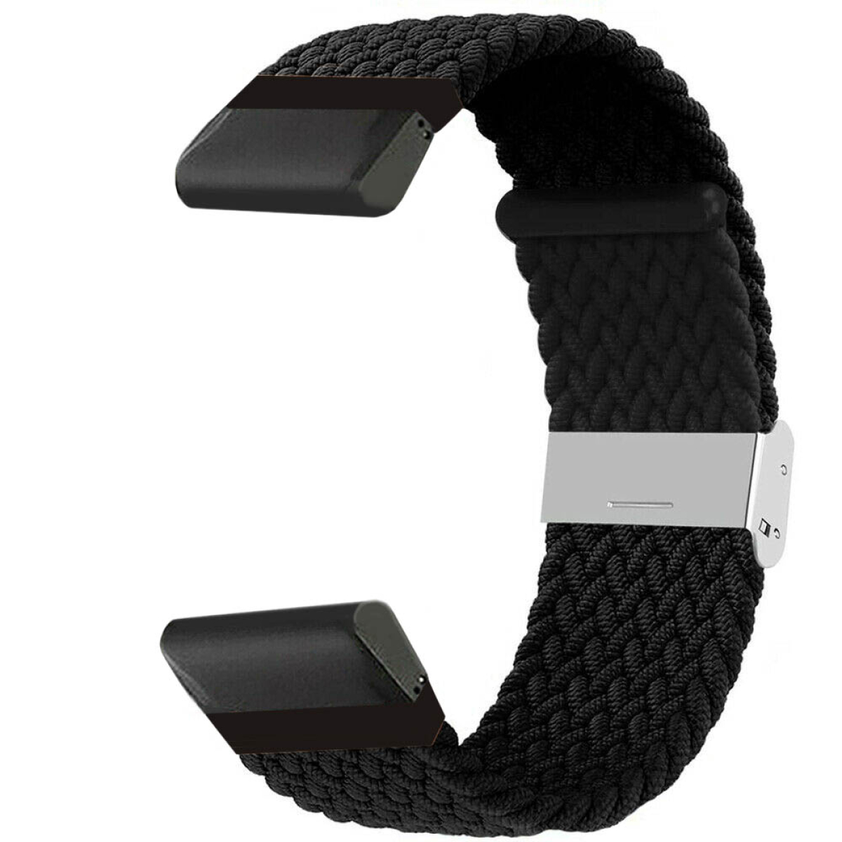 Ein schwarzes, gewebtes Uhrenarmband mit silbernem Verschluss. Das Band ist gebogen.