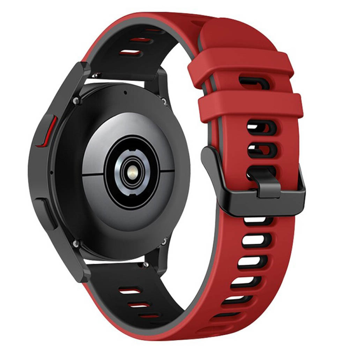 Rotes Uhrenarmband mit schwarzem Verschluss an schwarzer Uhr. Rotes Band ist befestigt und seitlich betrachtet.