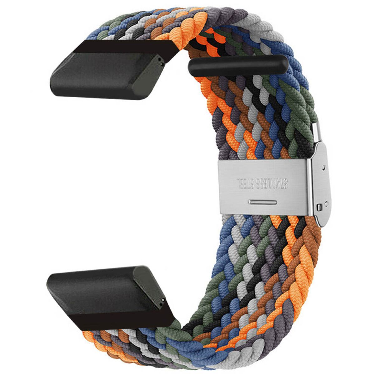 Geflochtenes Uhrenarmband mit vielen Farben, schwarzen Enden und silberner Schließe.