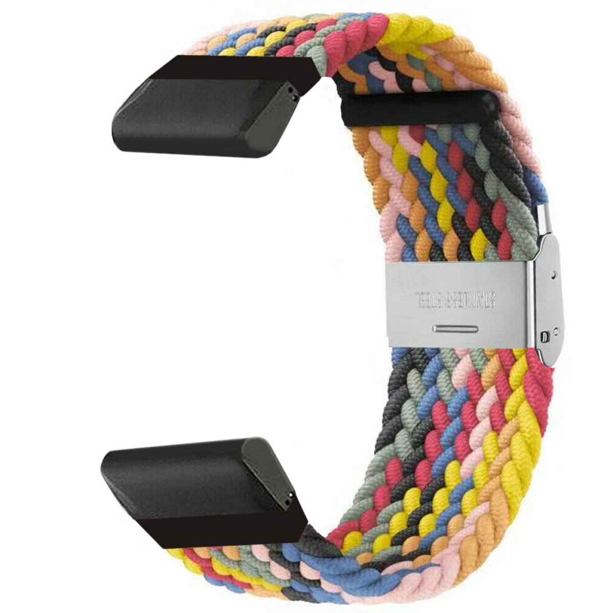 Buntes geflochtenes Uhrenarmband mit Edelstahlverschluss.