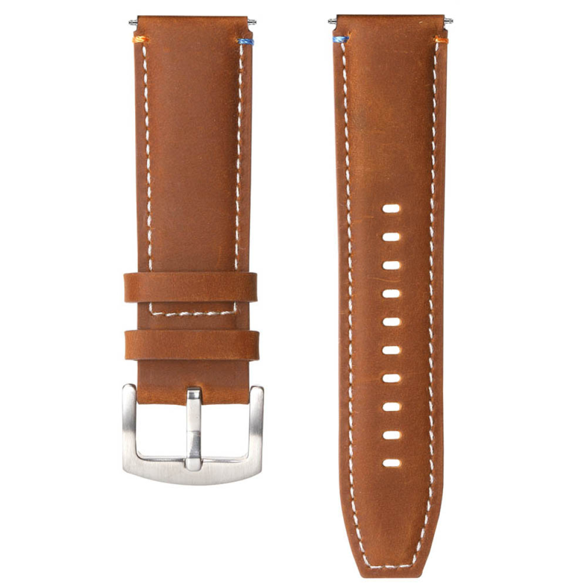 Braunes Leder-Armband mit weißen Nähten und silberner Schnalle.