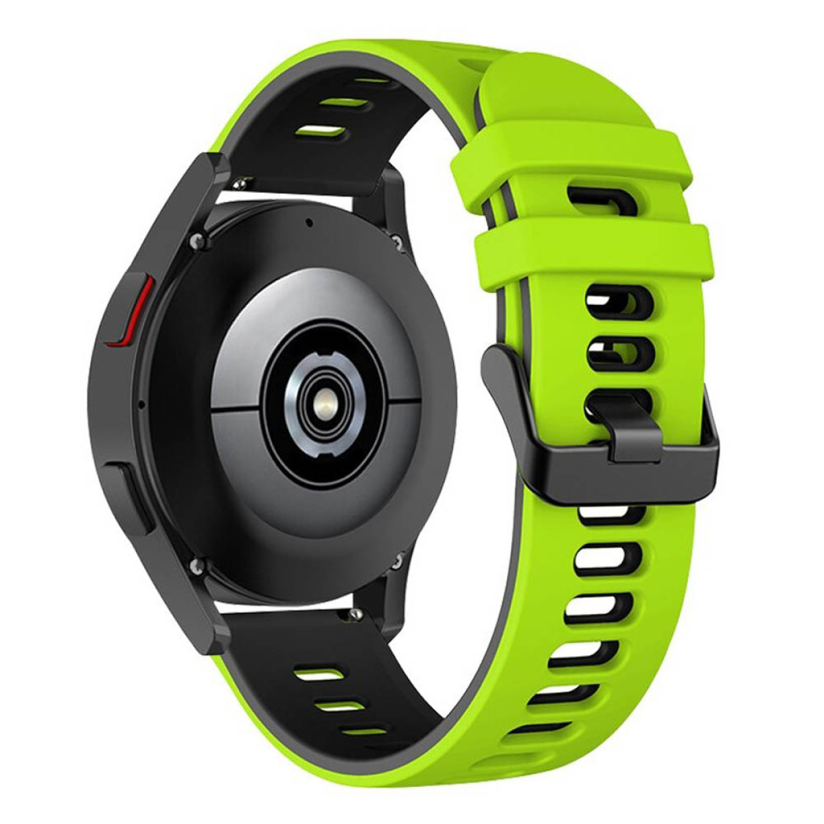 Eine schwarze Smartwatch mit grünem Armband, vor weißem Hintergrund, zeigt die Rückseite.