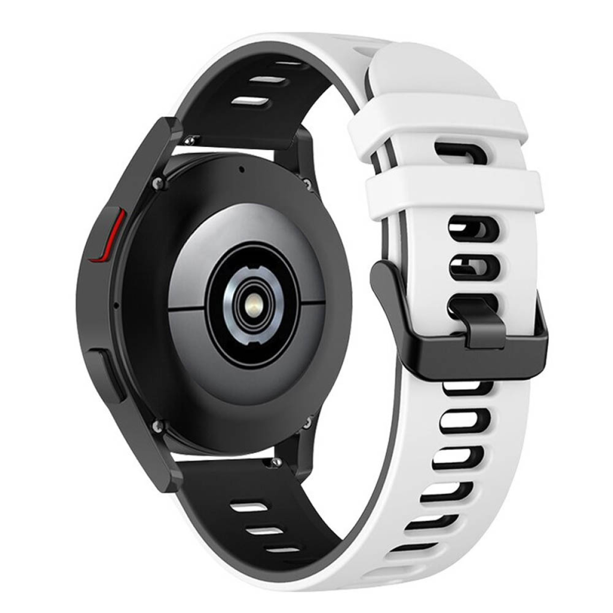 Smartwatch mit schwarzem Gehäuse und weißem Armband. Die Rückseite der Uhr ist sichtbar.