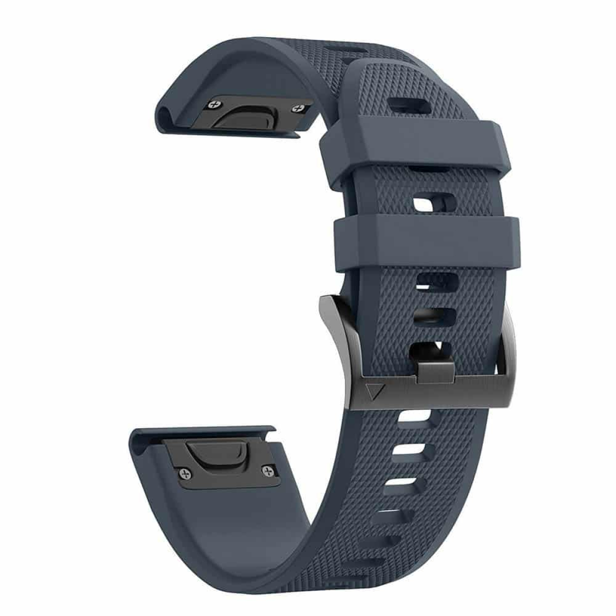 Ein blaues Uhrenarmband mit schwarzer Schnalle auf weißem Hintergrund.