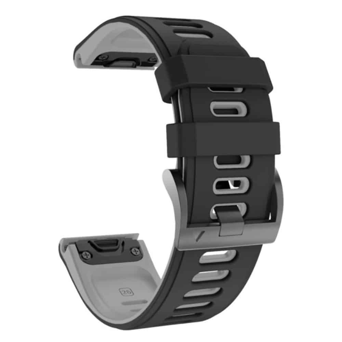 Schwarzes und graues Smartwatch-Armband, mit Metallverschluss, auf weißem Hintergrund.