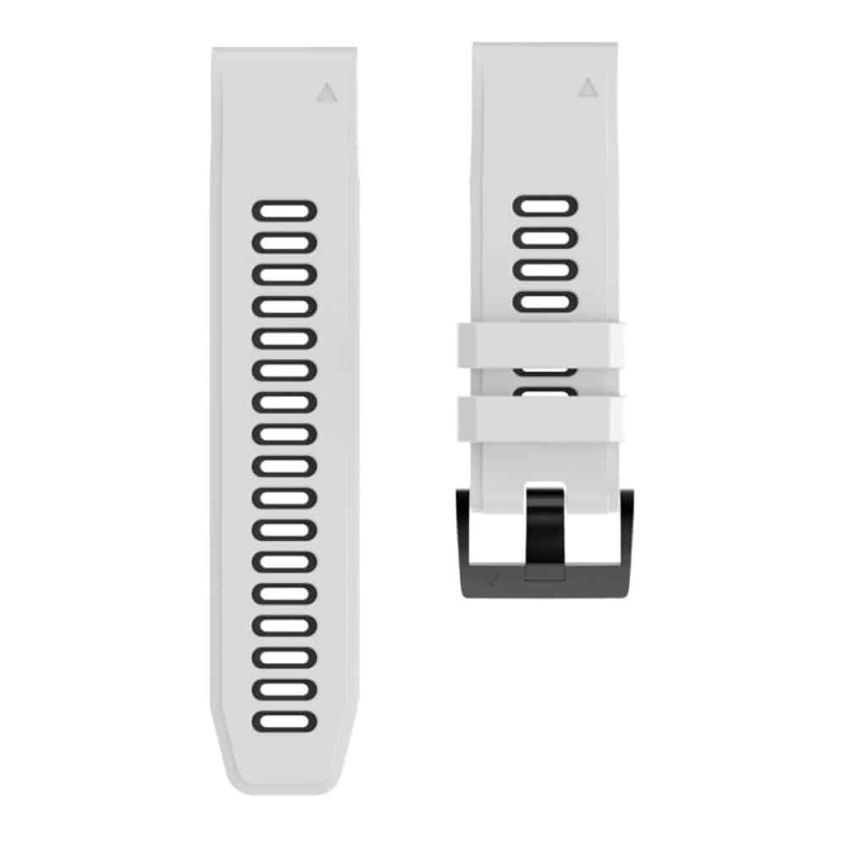 Weißes Uhrenarmband mit weißen Akzenten und schwarzer Schnalle. Das Armband hat ein Lochmuster.