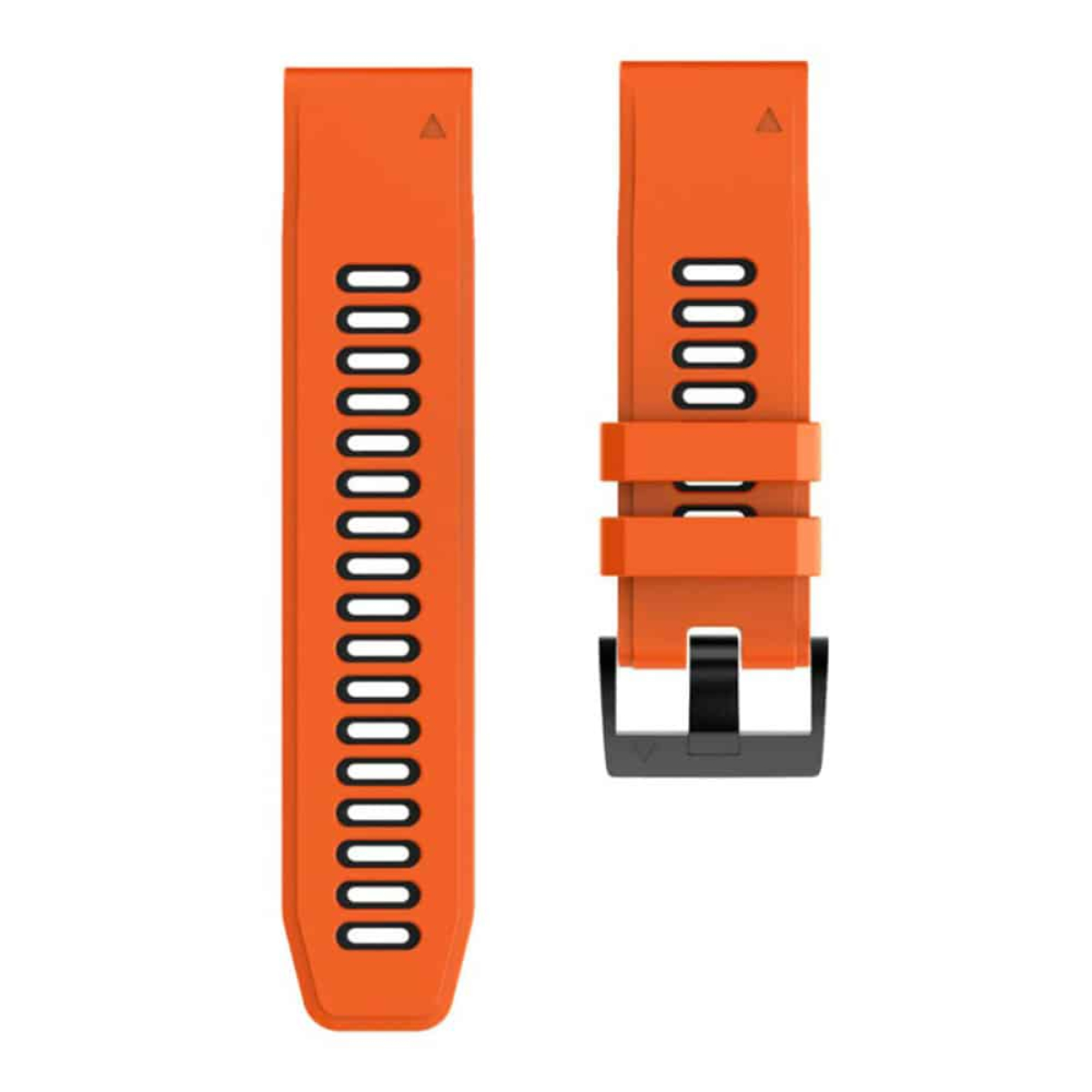 Zwei orangefarbene Uhrenarmbänder mit schwarzen Schnallen. Sie haben eine strukturierte Oberfläche und sind auf weißem Hintergrund.
