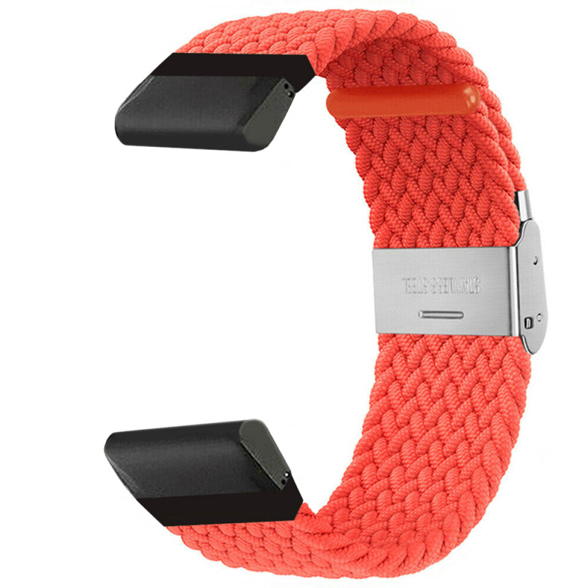 Ein rotes Armband im gewebten Stil mit schwarzen Verbindungsteilen und einem silbernen Verschluss.