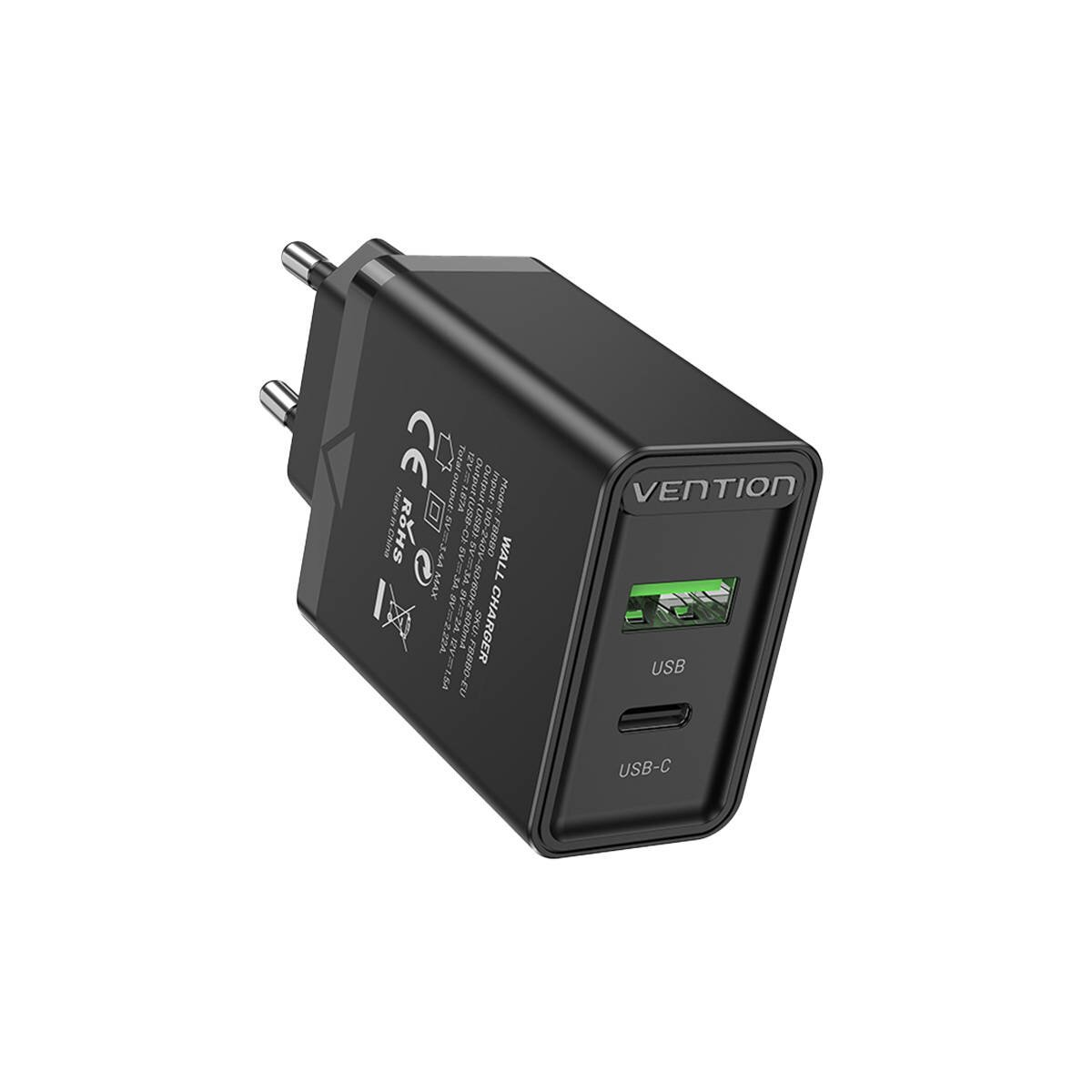 Ein schwarzes Vention-Wandladegerät mit USB- und USB-C-Anschlüssen. Der Hintergrund ist weiß.