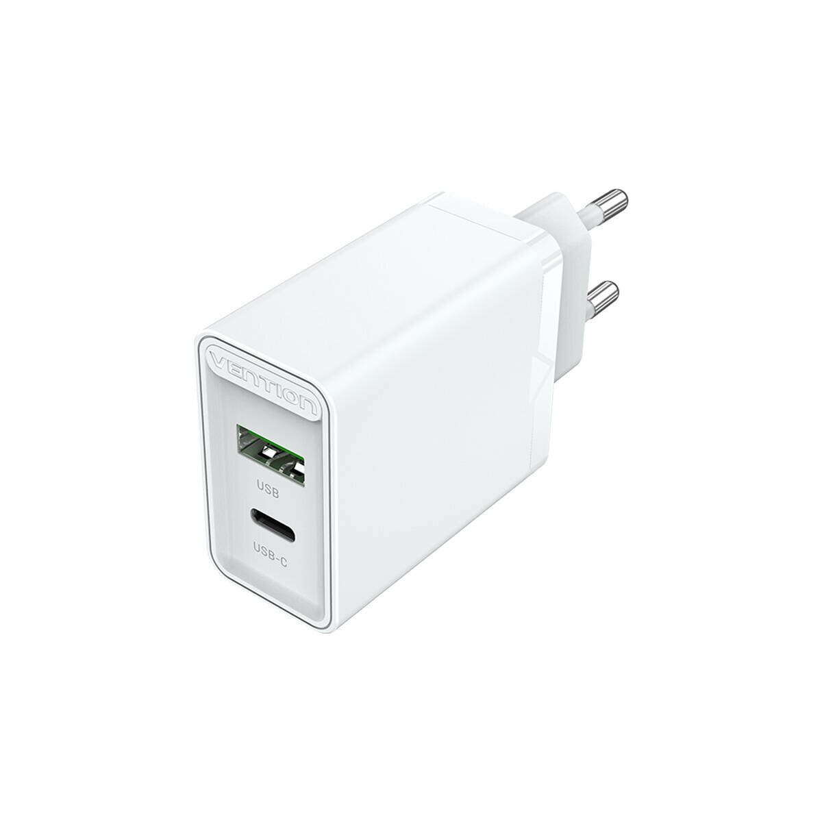 Weißes USB-Ladegerät mit USB- und USB-C-Anschlüssen, mit Vention-Logo.