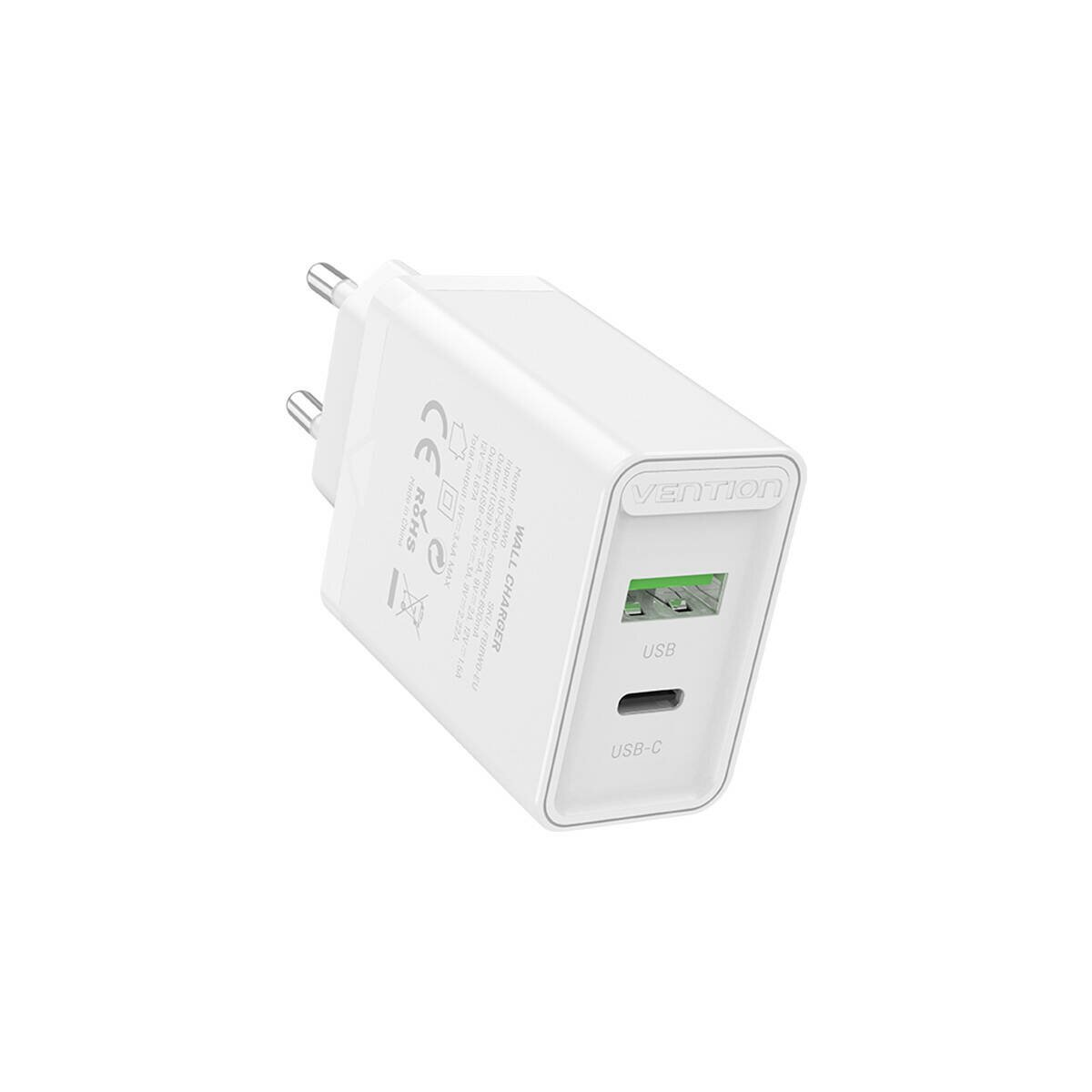 Weißes Vention USB-Ladegerät mit USB- und USB-C-Anschlüssen.
