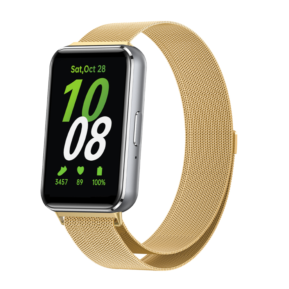Smartwatch an einem goldenen Mesh-Armband. Das Display zeigt Zeit, Datum, Herzfrequenz und Akku an.