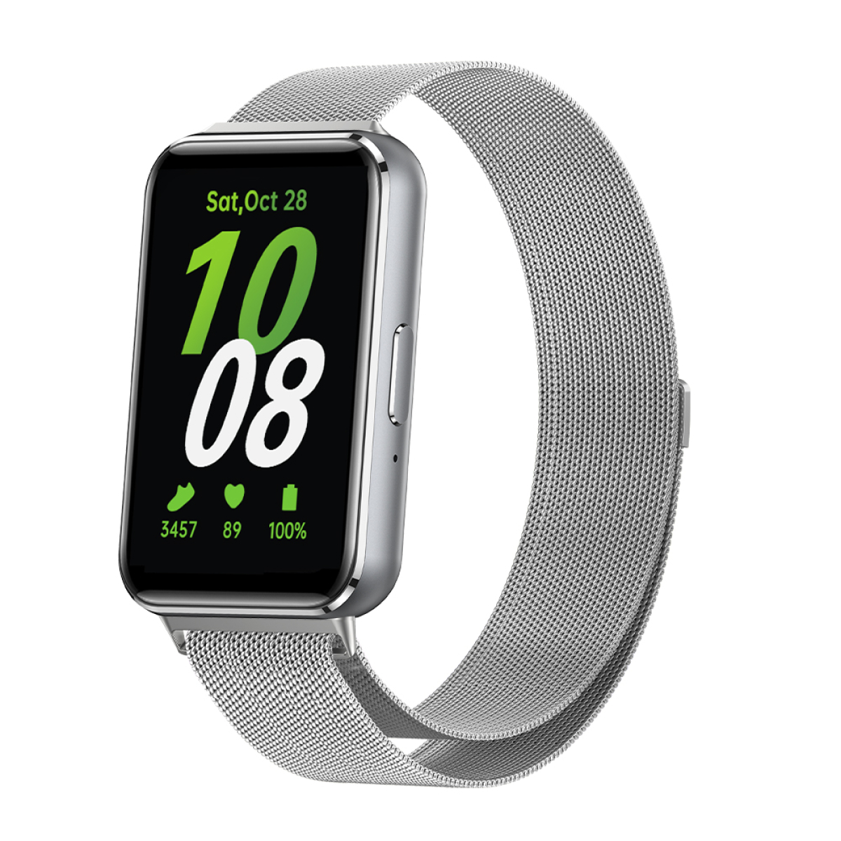 Eine silberne Smartwatch mit Datum und Uhrzeit. Das Armband besteht aus silbernem Metall.