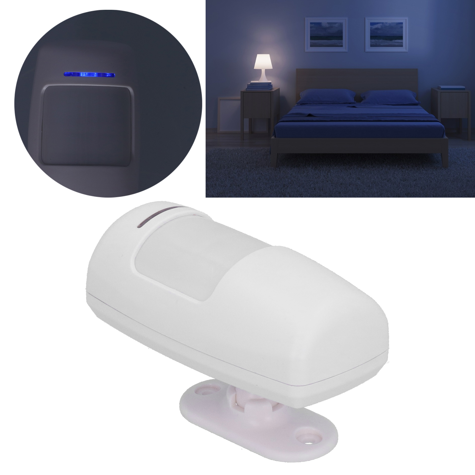 Ein weißer Bewegungsmelder mit Schlafzimmer im Hintergrund und Wanddetail.