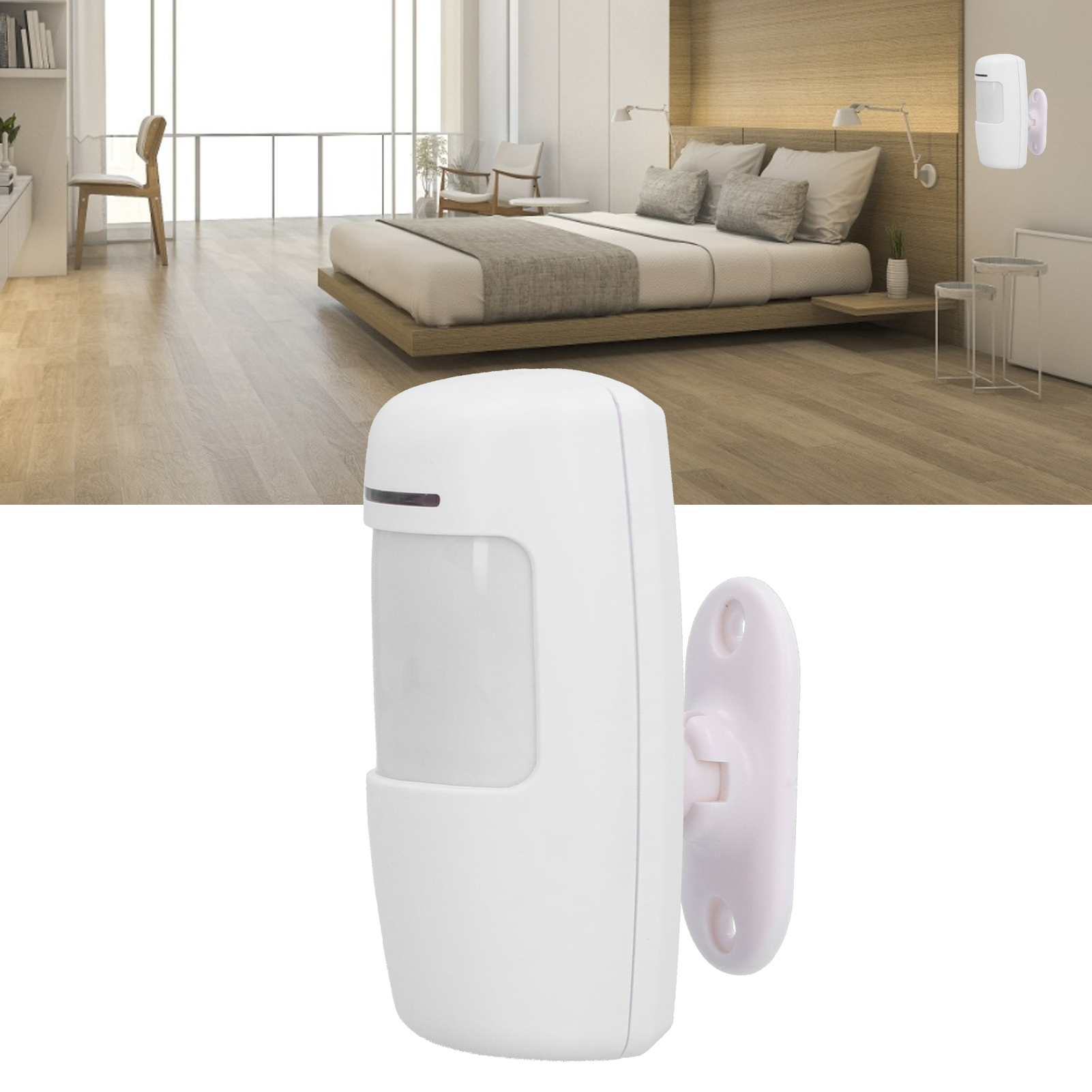 Weißer Bewegungsmelder an einer Wand. Schlafzimmer im Hintergrund. Fokus auf den Sensor.