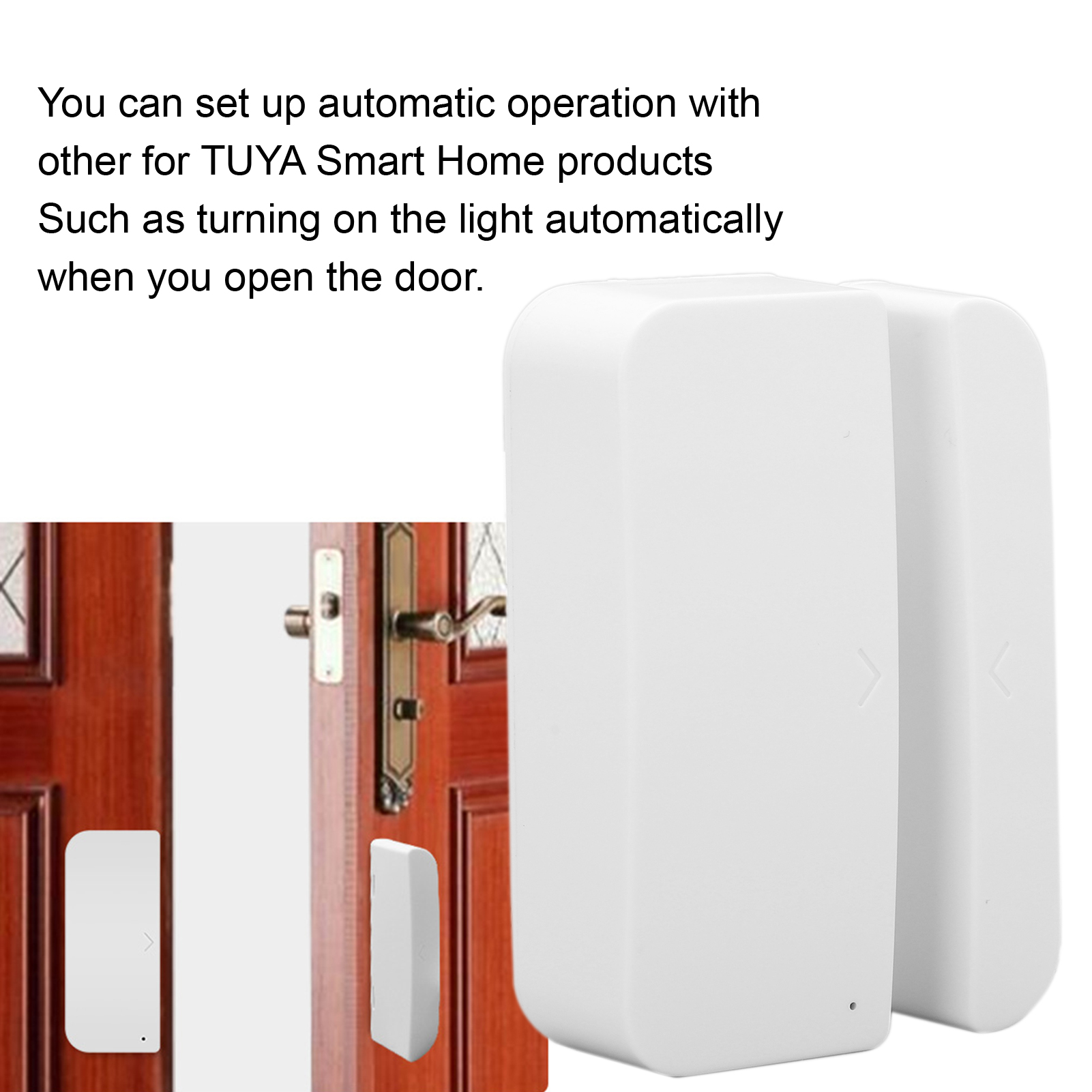 Weiße Smart Home Türsensoren neben einer Holztür und Text.