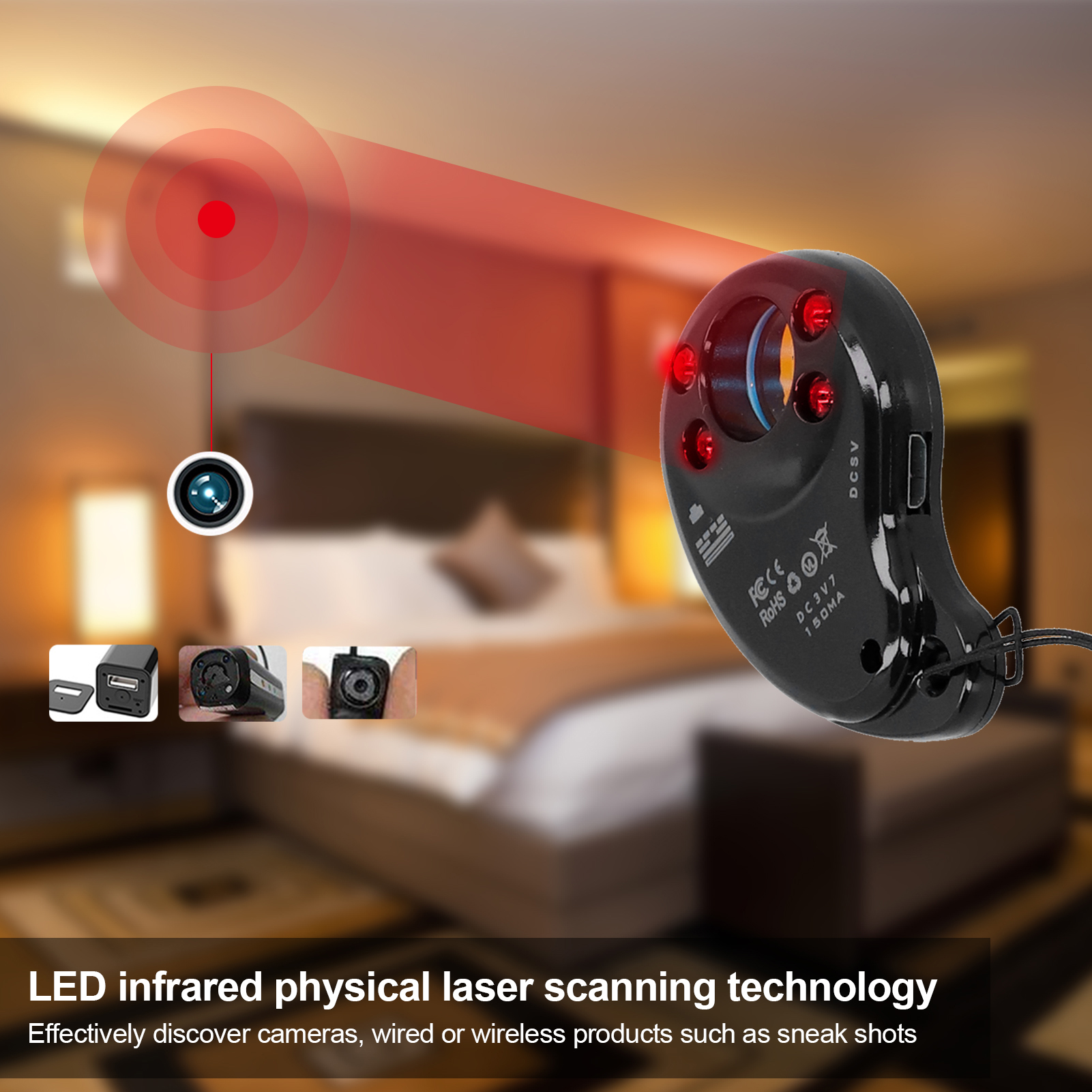 Schwarze Spionagekamera mit roten Lichtern und rotem Laserstrahl. Schlafzimmer im Hintergrund.