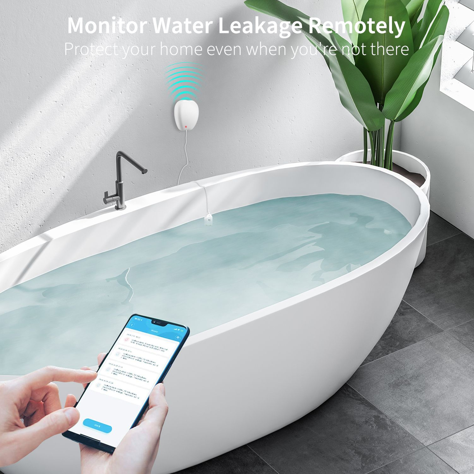 Hand, die ein Telefon mit Smart-Home-App in der Nähe einer mit Wasser gefüllten Badewanne hält.