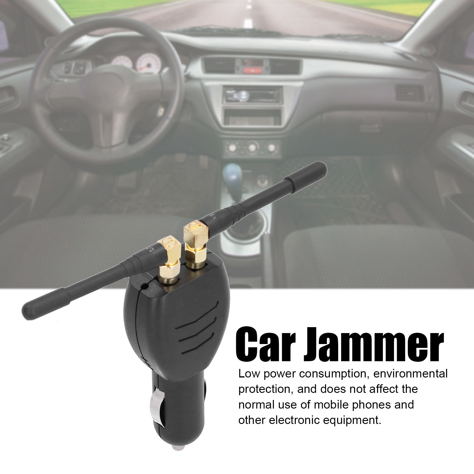 Auto-Jammer-Gerät, das in einen Zigarettenanzünder im Auto eingesteckt ist. Innenraum.