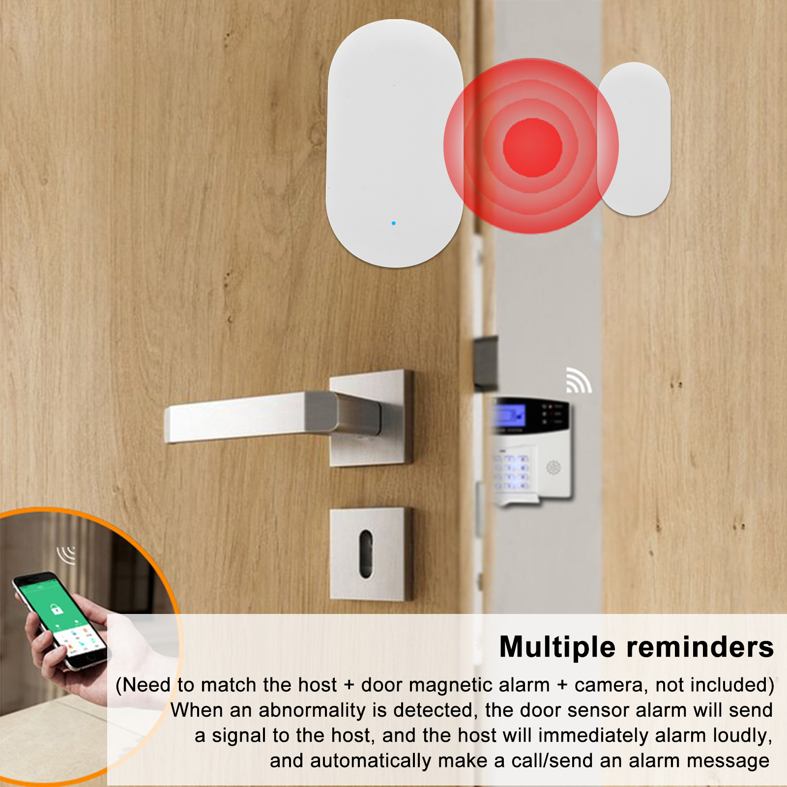 Sicherheitssystem mit Türsensor und Alarm. Ein Telefon und ein Bedienfeld sind ebenfalls sichtbar.